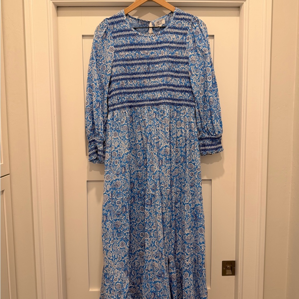 Isabel Maxi Dress - Blue Smocked Maxi Dress with Long Sleeves - L